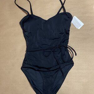 Women’s Black One Piece Swimsuit Ruched Waist Tie XS